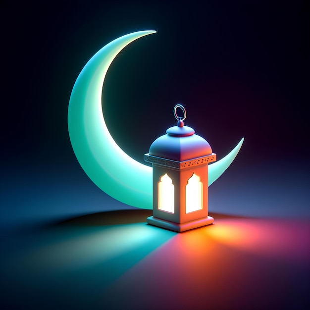 Lanterna del Ramadan 3d e mezzaluna sullo sfondo islamico per la celebrazione di una festa islamica