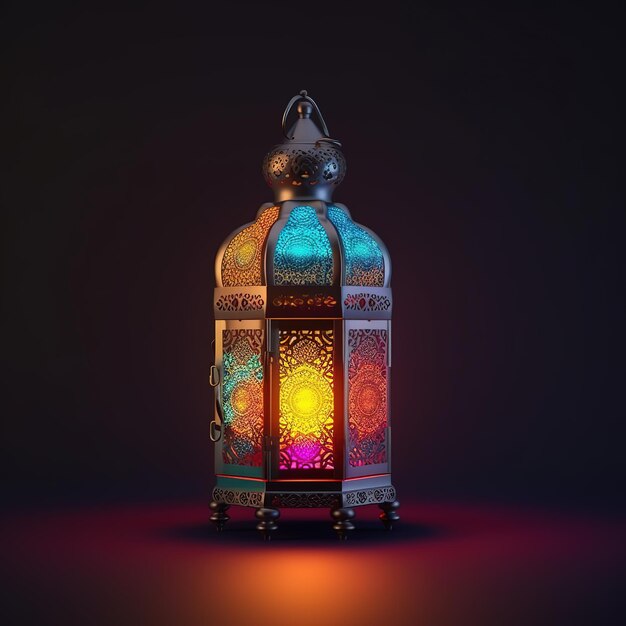 lanterna del ramadan con luci di candela accese incandescenti colorate su sfondo bokeh