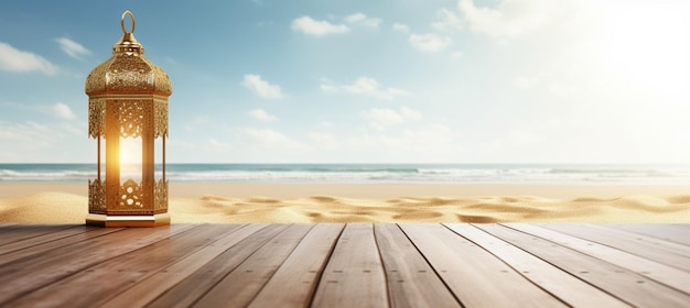 Lanterna del Ramadan in una spiaggia estiva tropicale con un pavimento di legno vuoto alla luce del sole