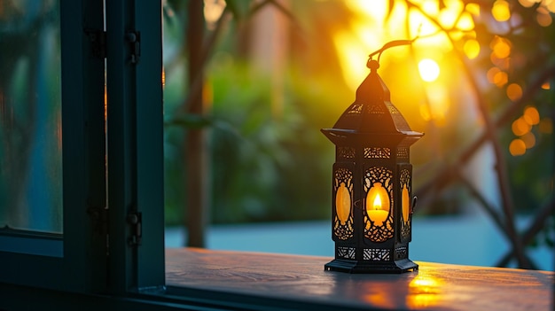 Lanterna del Ramadan vicino alla finestra aperta Bellissima carta di auguri con spazio di copia Ramadan Generative Ai