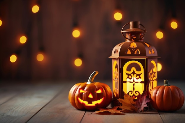 Lanterna della presa della testa della zucca di Halloween su fondo di legno
