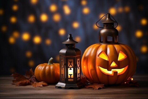 Lanterna della presa della testa della zucca di Halloween su priorità bassa di legno
