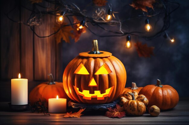 Lanterna della presa della testa della zucca di Halloween su priorità bassa di legno