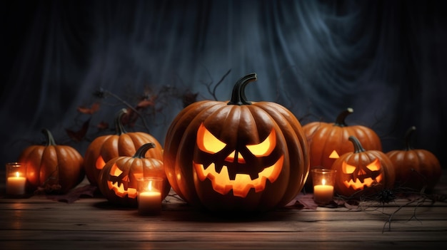 Lanterna della presa della testa della zucca di Halloween su priorità bassa spettrale