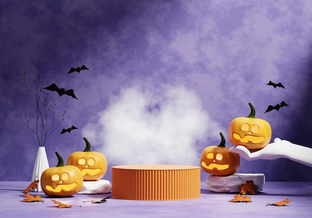 Lanterna della zucca di Halloween e rendering 3D del podio dell'esposizione del prodotto