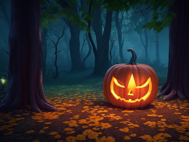 Lanterna di Jack O' o zucca di Halloween nel rendering spettrale della foresta oscura 3d