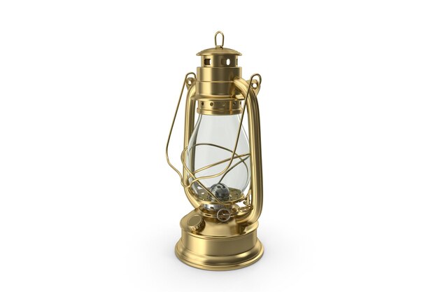 Lanterna di lampada ad olio in bronzo realistica 3D progettata in uno stile antico posizionata su una superficie bianca