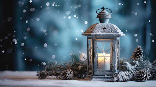 Lanterna di Natale con nevicata Scena invernale Closeup Xmas sfondo carta da parati o carta