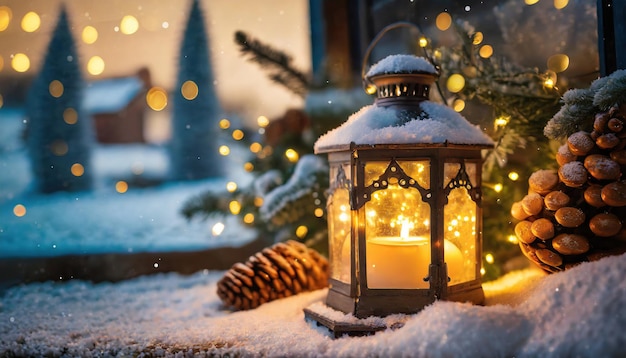 lanterna di natale con ramo di abete e decorazioni su neve