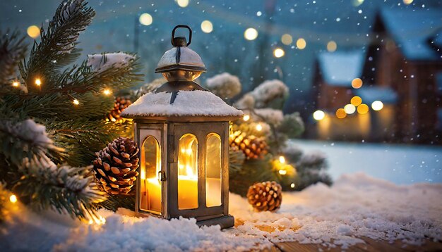 lanterna di natale con ramo di abete e decorazioni su neve