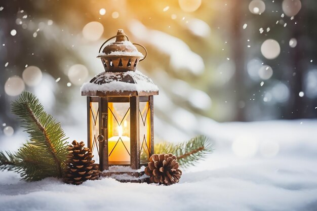 Lanterna di Natale illuminata sotto l'albero di Natale nella neve ricoperta di neve di notte all'aperto Atmosfera natalizia Messa a fuoco selettiva Spazio per la copia
