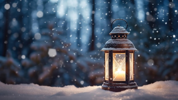 Lanterna di Natale nella neve sullo sfondo della foresta invernale