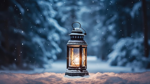 Lanterna di Natale nella neve sullo sfondo della foresta invernale