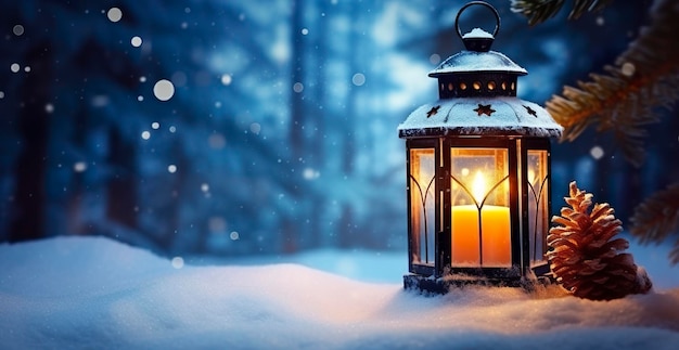 Lanterna di Natale sulla neve con ramo di abete in scena serale IA generativa