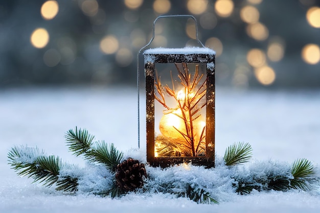 Lanterna di Natale sulla neve con un ramo di abete durante il giorno sfondo decorativo invernale