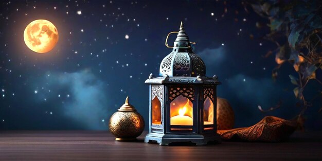 Lanterna di Ramadan luce lunare sfondo arabo generato da AI