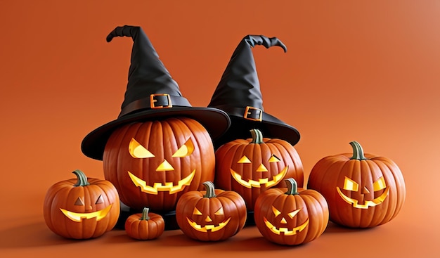 Lanterna di zucca di Halloween con inquietante bagliore con candela all'interno in rendering 3D