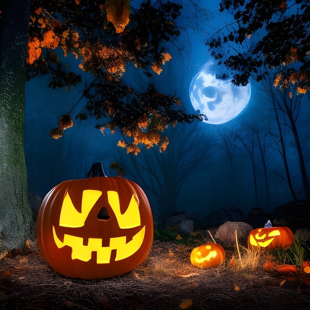 Lanterna di zucca di Halloween in una magica foresta luminosa con una luna luminosa sullo sfondo