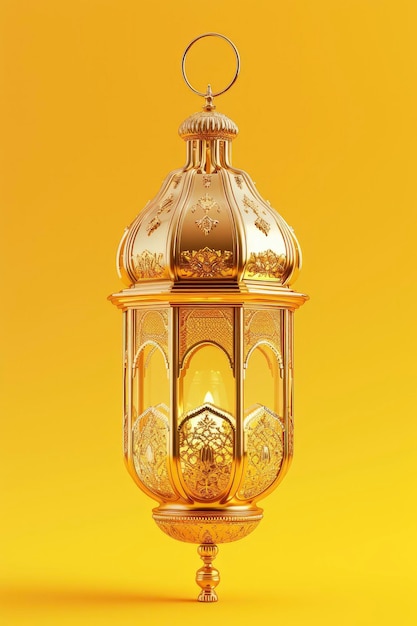 Lanterna dorata Un'illustrazione 3D del saluto islamico del Ramadan Kareem con un elemento di lanterna dorata adornato su uno sfondo giallo caldo