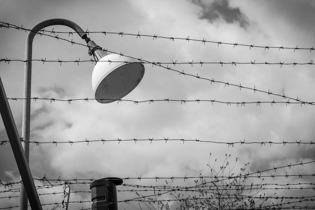 Lanterna e filo spinato con elettricità collegata - foto in bianco e nero.