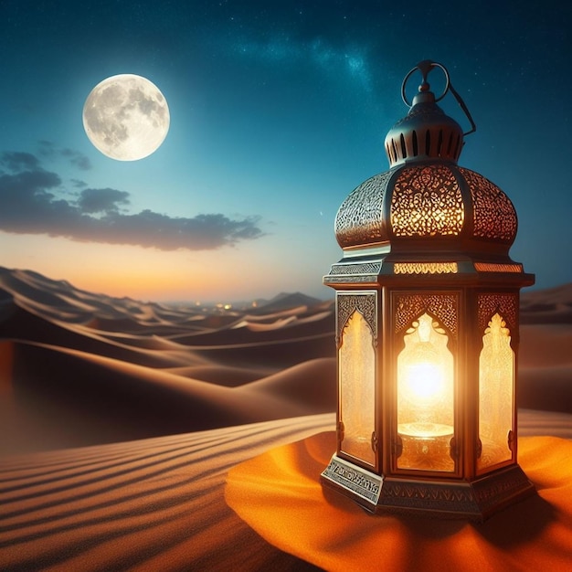 Lanterna fotografica con sfondo luminoso notturno per la festa musulmana del mese sacro di