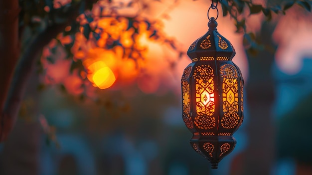 Lanterna illuminata appesa al ramo di un albero al tramonto