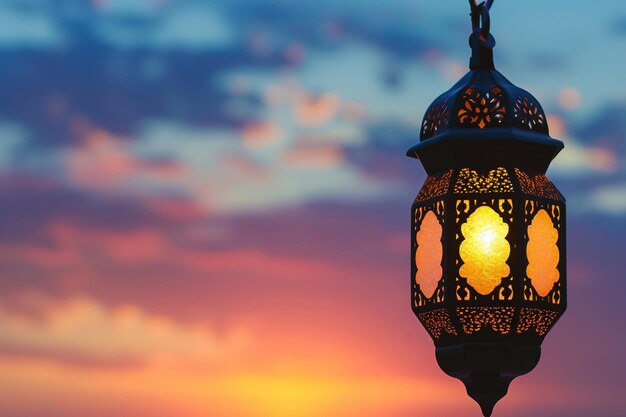 Lanterna illuminata contro il cielo al crepuscolo e il tramonto augurando Ramadan Kareem Ramadan Mubarak