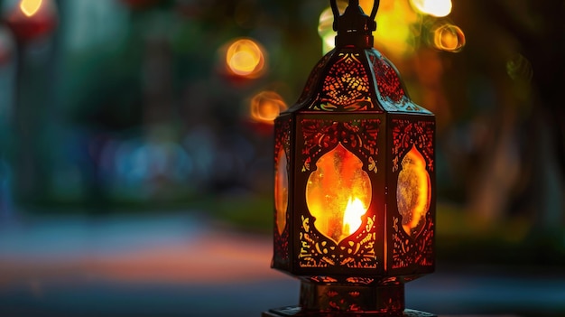 Lanterna illuminata ornata che brilla di notte con sfondo sfocato