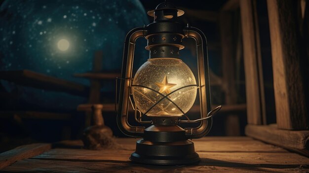 Lanterna in mezzo al deserto di notte con la luna piena sullo sfondo 3d realistico