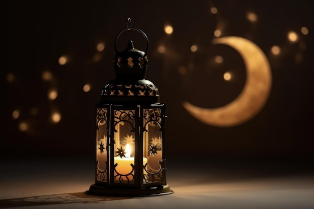 Lanterna in stile arabo con una candela accesa all'interno Bella lampada araba su uno sfondo notturno sfocato con una falce di luna ed effetto bokeh Illustrazione della notte santa islamica con una lampada AI generativa