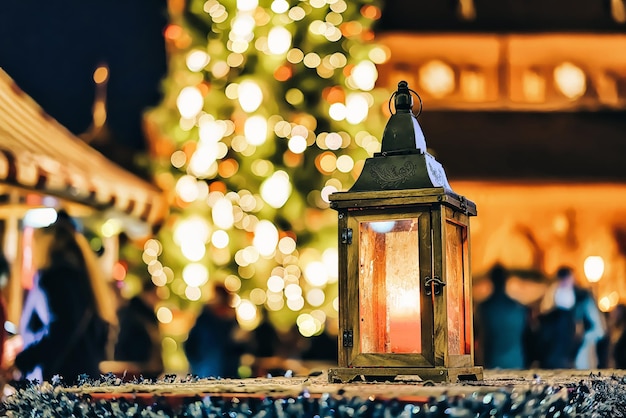 Lanterna incandescente con la candela all'interno fotografata al mercatino di Natale in inverno Riga in Lettonia.