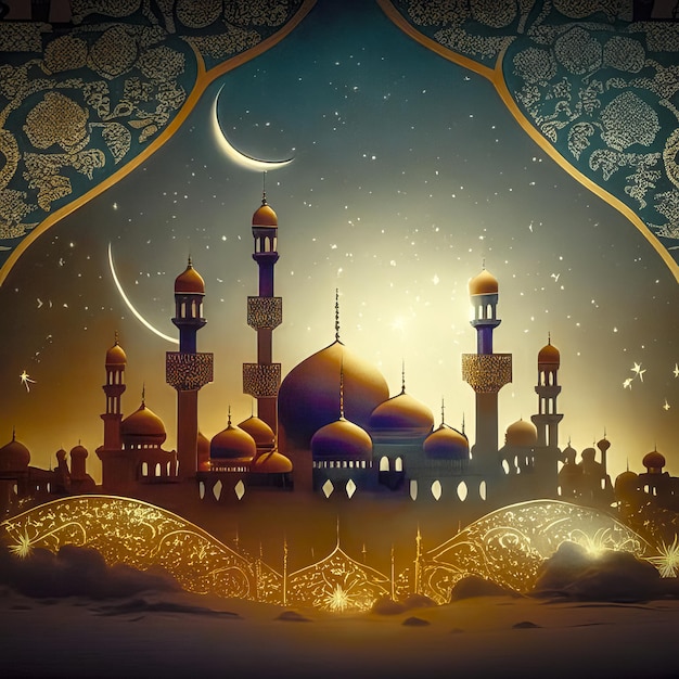 Lanterna islamica a mezzaluna sopra la moschea per Ramadan Kareem e Eid Mubarak