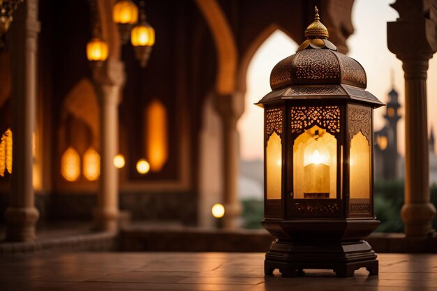 Lanterna islamica con moschea sfocata Ramadan Kareem