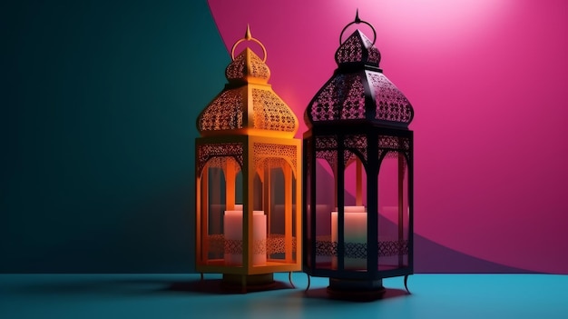 Lanterna islamica con sfondo colorato sia per il ramadan che per l'adha Eid al Adha la festa del sacrificio IA generativa