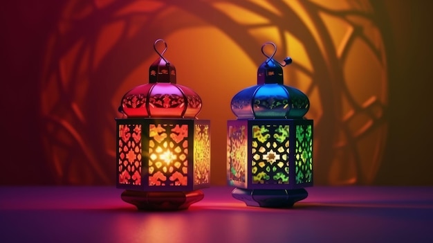Lanterna islamica con sfondo colorato sia per il ramadan che per l'adha Eid al Adha la festa del sacrificio IA generativa