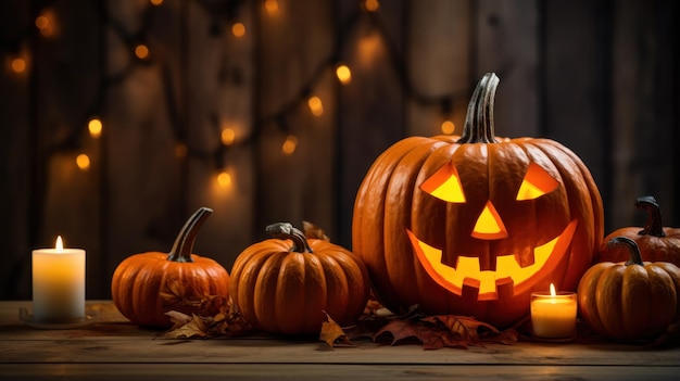 Lanterna jack testa zucca di Halloween su tavola di legno con candele accese su sfondo sfocato