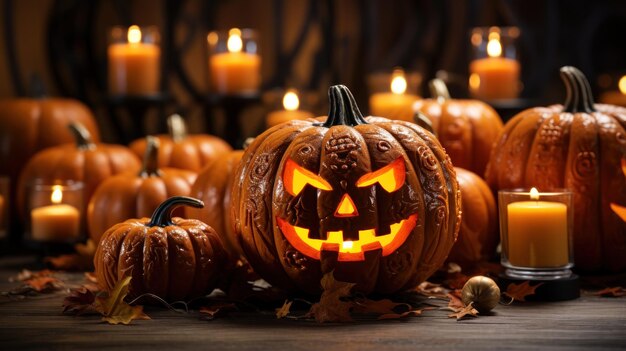 Lanterna jack testa zucca di Halloween su tavola di legno con candele accese su sfondo sfocato