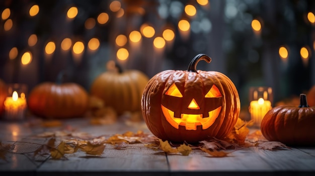 Lanterna jack testa zucca di Halloween su tavola di legno con candele accese su sfondo sfocato