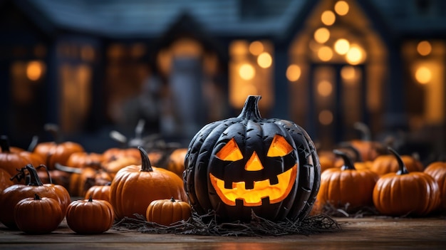 Lanterna jack testa zucca di Halloween su tavola di legno con candele accese su sfondo sfocato