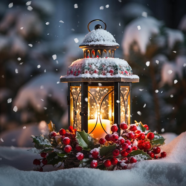 Lanterna nevicata decorazioni natalizie generate illustrazione di sfondo di Natale su sfondo bianco