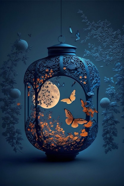 Lanterna piena di farfalle e una luna piena generativa ai