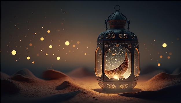 Lanterna Ramadan con luce incandescente di notte e scintillante con luci Bokeh su terra Generative ai