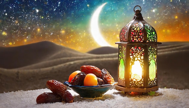 Lanterna tradizionale del Ramadan e dell'Eid con date di luna crescente e frutta in una ciotola su un tappeto Gen