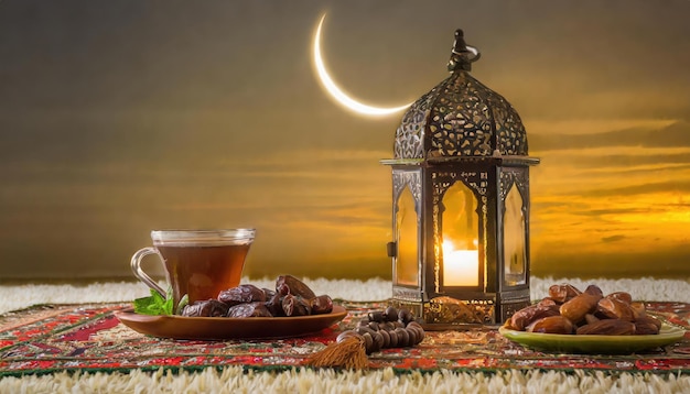 Lanterna tradizionale del Ramadan e dell'Eid con date di luna crescente e frutta in una ciotola su un tappeto Gen