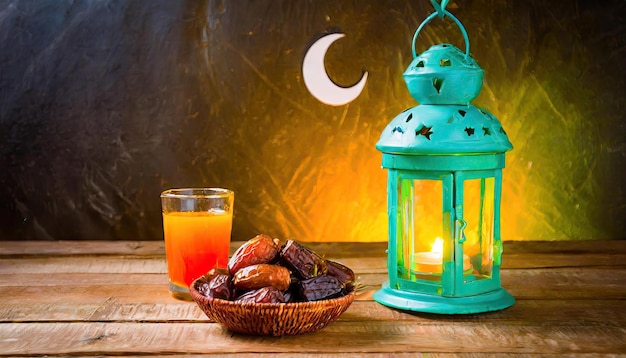 Lanterna tradizionale del Ramadan e dell'Eid con date di luna crescente e frutta in una ciotola su un tappeto Gen