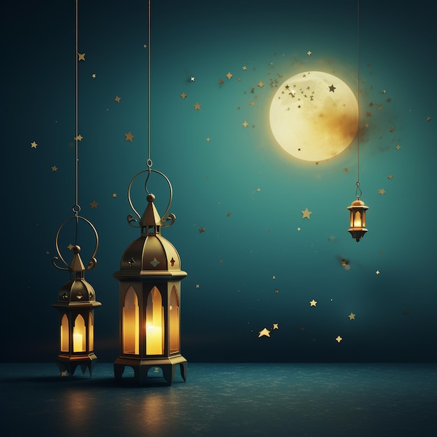 Lanterne appese decorative ramadan kareem felice festa dell'eid lampade sullo sfondo