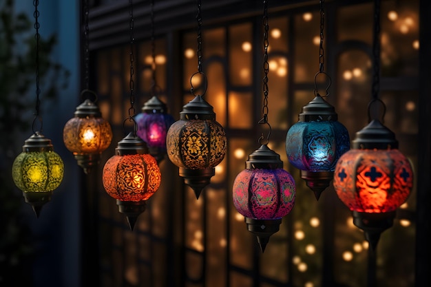 Lanterne appese sul cielo notturno luci di lampade arabe ramadan kareem ghirlanda