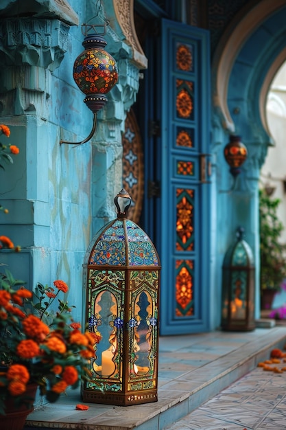 Lanterne arabe decorative con candele accese in piedi in città invito a Eid alAdha la festa santa per i musulmani
