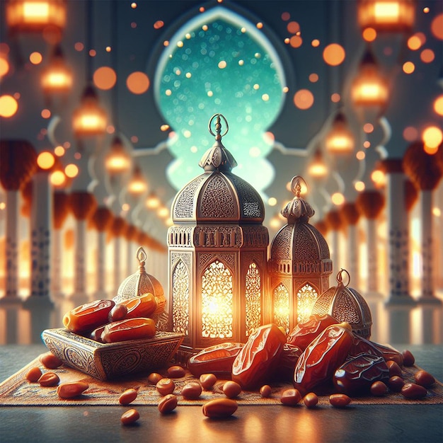 Lanterne arabe e datteri con sfondo di moschea bookeh creative ai