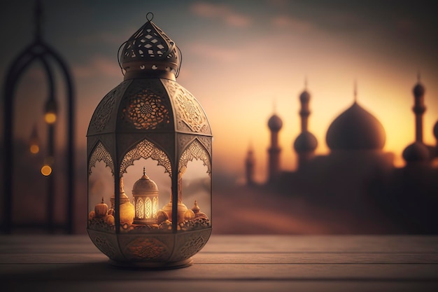 lanterne arabe e datteri con sfondo moschea bookeh, ai creativa